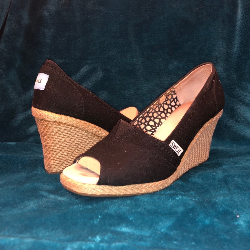 Toms - Black Canvas Peep Toe Wedges